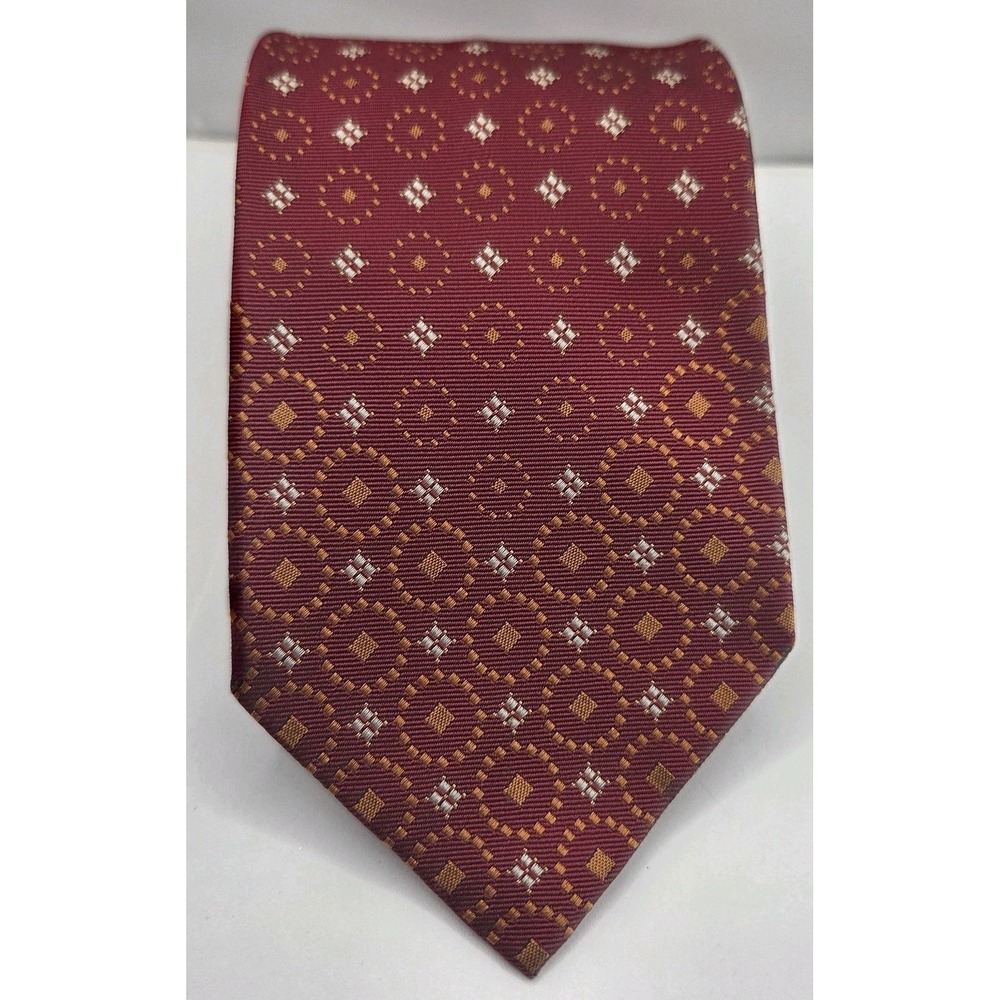 Ermenegildo Zegna Men's Neck Tie Red Gold Geometric Pattern Italy 3.5x60in